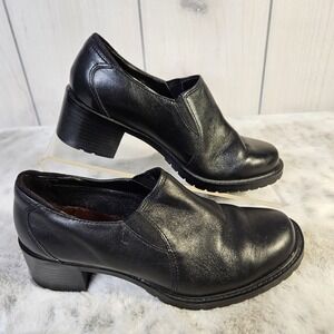 Sporto Black Leather Block Heel Lug Sole Slip On Loafer Shoes 6M 90s Grunge Goth